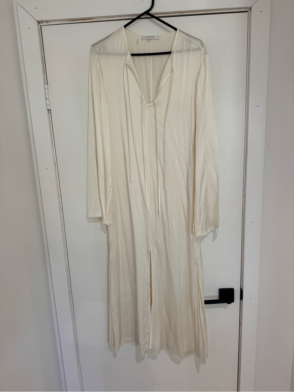 Frame Cream Long Sleeve Satin Caftan with Tie Neck